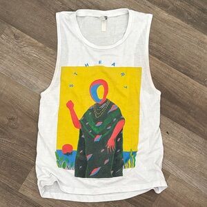 Women’s White Graphic Muscle Tee with Colorful Print